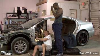 White gay mechanic gets black fucked at work